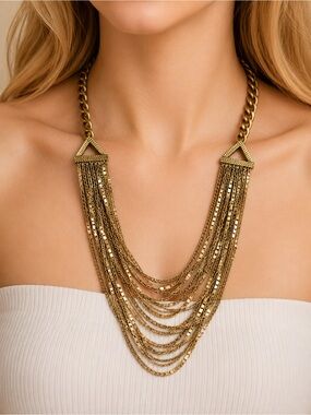 Gold Multi Strand Statement Necklace | Layered Fringe Chain Bib Necklace